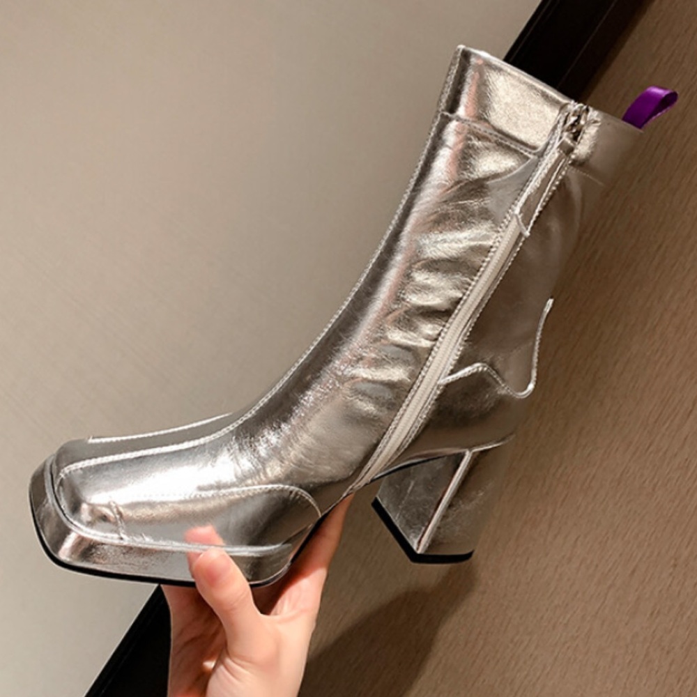 Chrome silver heeled ankle boots